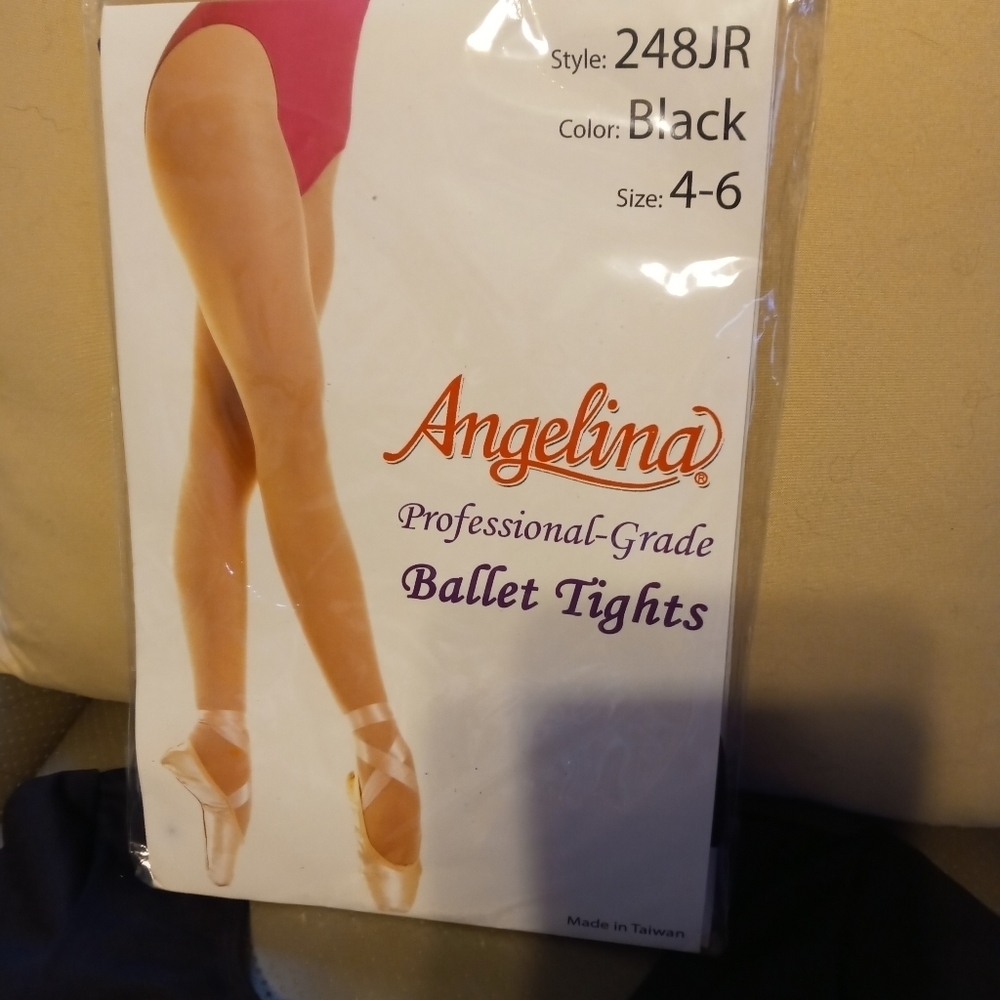 Angelina Black Ballet tights and Bloch Cap Sleeve Black Leotard Girl's 4-6 NEW